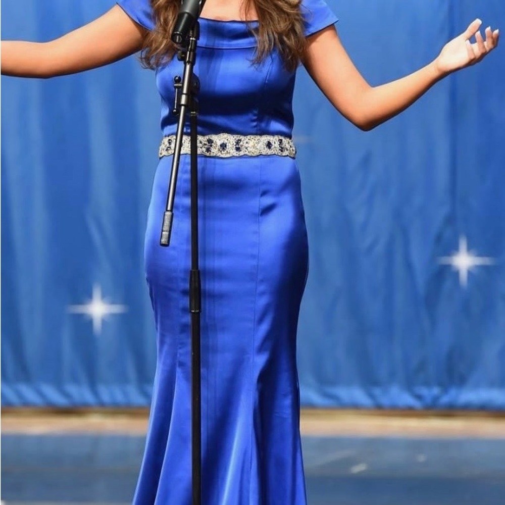 Blue and Rhinestone Belted off shoulder dress